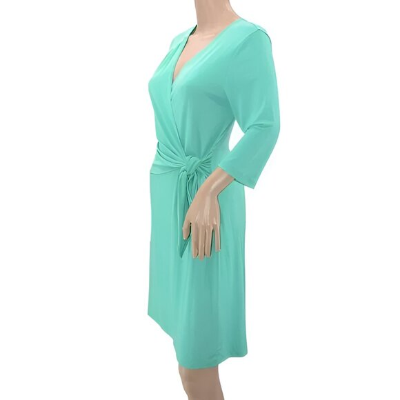 NWT New Green Slinky V-Neck Wrap Fit-Flare Sheath Minimalist Career Dress S 4/6 - Picture 3 of 4